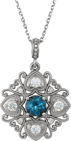 14K Gold Round Natural London Blue Topaz & Natural Diamond Vintage-Inspired Necklace or Pendant - White Gold
