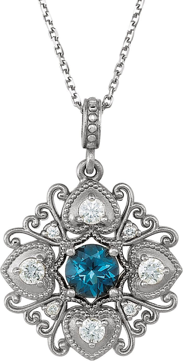 14K Gold Round Natural London Blue Topaz & Natural Diamond Vintage-Inspired Necklace or Pendant - White Gold