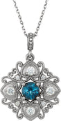 14K Gold Round Natural London Blue Topaz & Natural Diamond Vintage-Inspired Necklace or Pendant - White Gold
