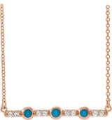 14K Gold Round Natural Turquoise & Natural Diamond Accented Cabochon Bar Necklace – up to 1/10 CTW - Rose Gold