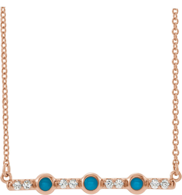 14K Gold Round Natural Turquoise & Natural Diamond Accented Cabochon Bar Necklace – up to 1/10 CTW - Rose Gold