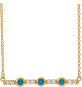 14K Gold Round Natural Turquoise & Natural Diamond Accented Cabochon Bar Necklace – up to 1/10 CTW - Yellow Gold