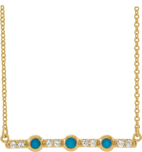 14K Gold Round Natural Turquoise & Natural Diamond Accented Cabochon Bar Necklace – up to 1/10 CTW - Yellow Gold