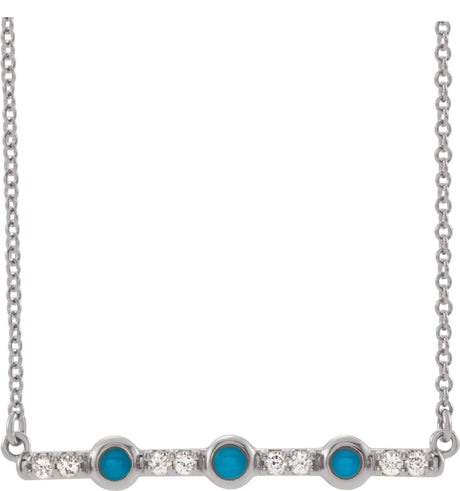 Platinum Round Natural Turquoise & Natural Diamond Accented Cabochon Bar Necklace – 1/8 CTW