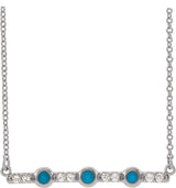 14K Gold Round Natural Turquoise & Natural Diamond Accented Cabochon Bar Necklace – up to 1/10 CTW - White Gold