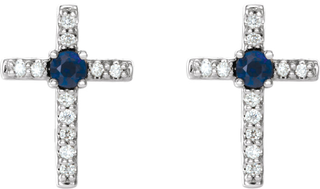 14K Gold Round Lab-Grown Blue Sapphire Accented Cross Earrings - White Gold - view 4