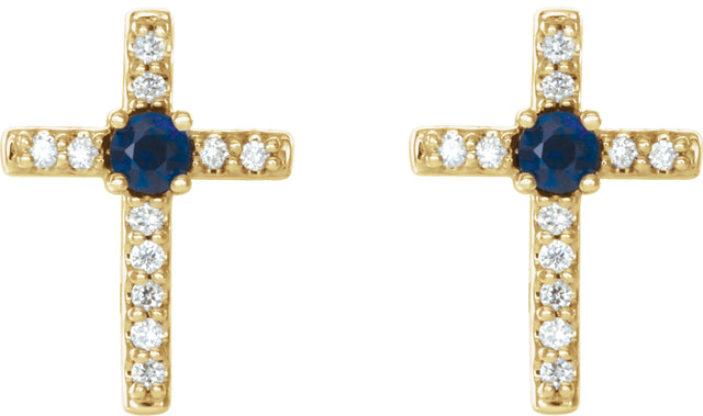 14K Gold Round Natural Blue Sapphire Accented Cross Earrings – 1.5-2mm Stones - Yellow Gold - view 4