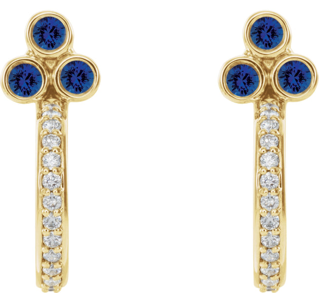 14K Gold Round Lab-Grown Blue Sapphire Accented Bezel-Set J-Hoop Earrings - view 5