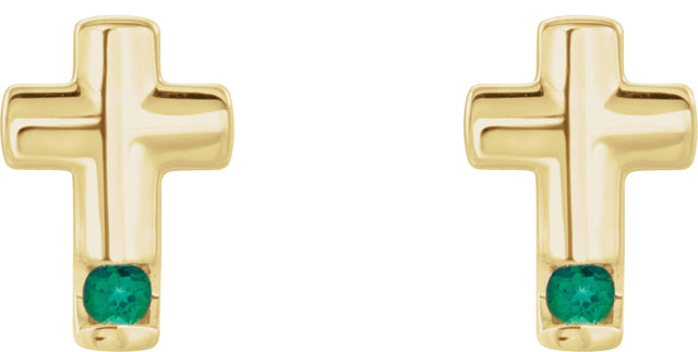 14K Gold Round Lab-Grown Emerald Accented Cross Earrings - Yellow Gold - view 4