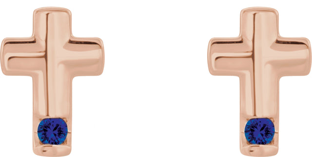 14K Gold Round Natural Blue Sapphire Accented Cross Earrings - Rose Gold - view 4