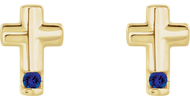 14K Gold Round Natural Blue Sapphire Accented Cross Earrings - Yellow Gold - view 4