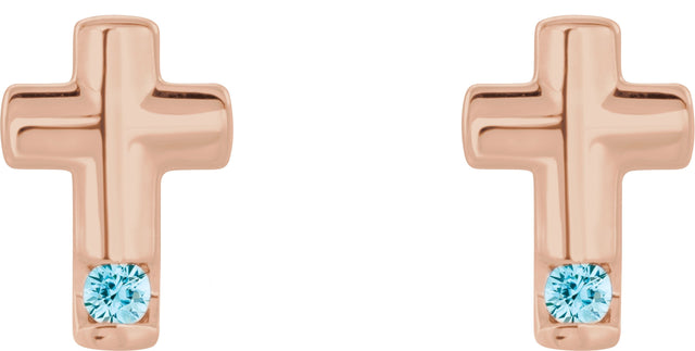 14K Gold Round Natural Blue Zircon Accented Cross Earrings - Rose Gold - view 4