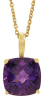 14K Gold Cushion Natural Amethyst Solitaire Necklace or Pendant