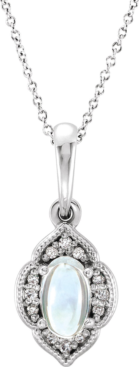 Platinum Oval Natural Rainbow Moonstone & Natural Diamond Accented Clover Necklace or Pendant – 0.03 CTW