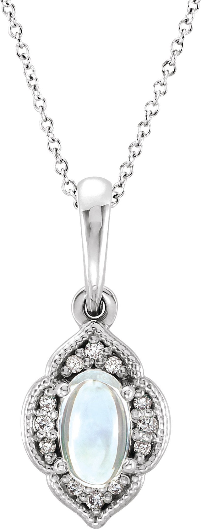 Platinum Oval Natural Rainbow Moonstone & Natural Diamond Accented Clover Necklace or Pendant – 0.03 CTW