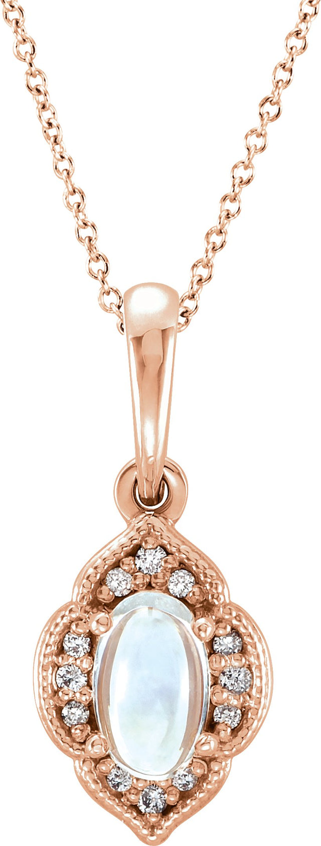 14K Gold Oval Natural Rainbow Moonstone & Natural Diamond Accented Clover Necklace or Pendant – 0.03 CTW - Rose Gold