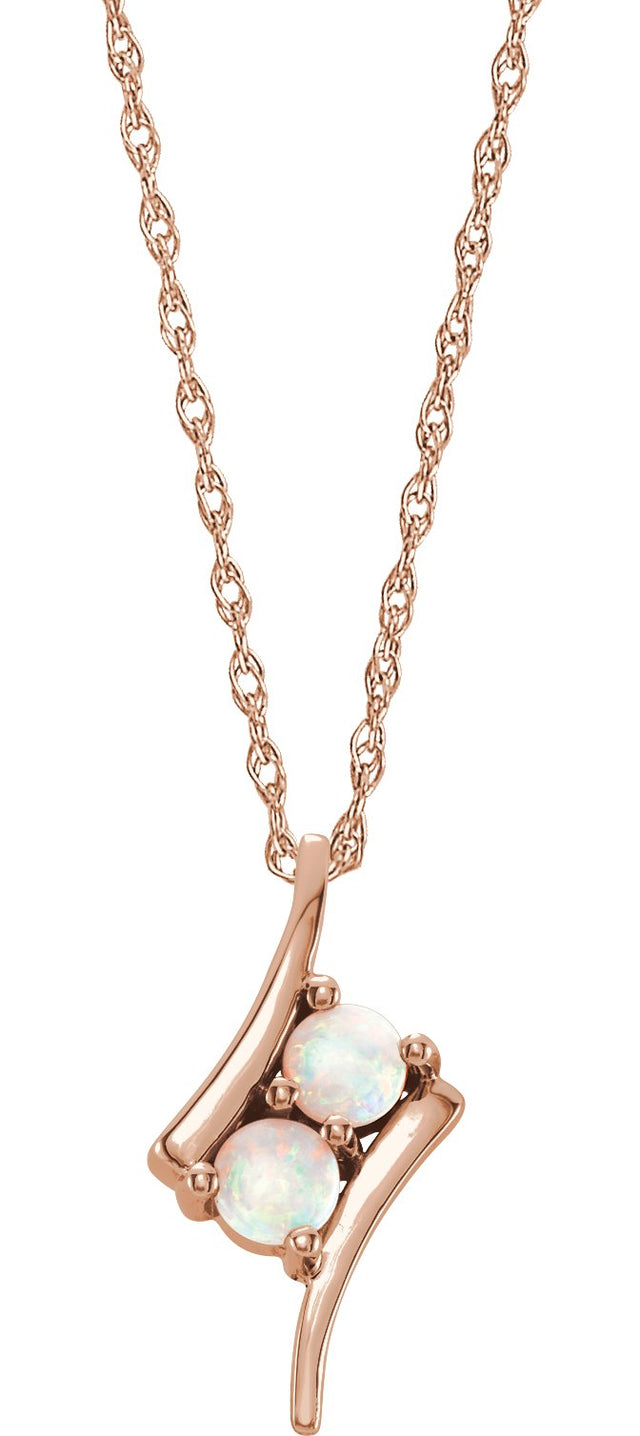 14K Gold Round Natural White Opal Two-Stone Necklace or Pendant - Rose Gold