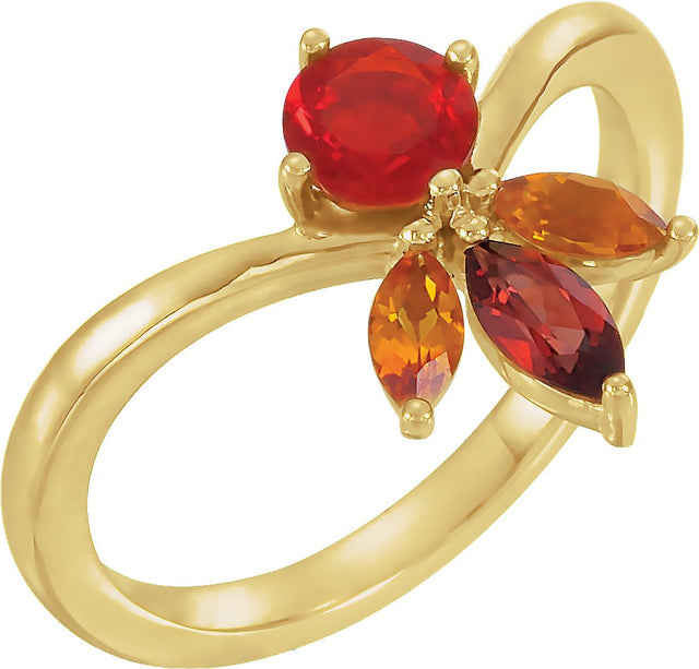 14K Gold Round Natural Mexican Fire Opal & Natural Mozambique Garnet & Natural Citrine Multi-Shape Ring - Yellow Gold