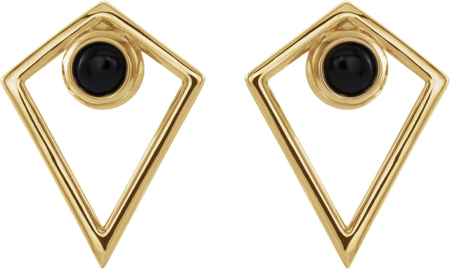 14K Gold Round Natural Black Onyx Cabochon Pyramid Earrings - Yellow Gold - view 2