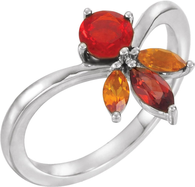 14K Gold Round Natural Mexican Fire Opal & Natural Mozambique Garnet & Natural Citrine Multi-Shape Ring - White Gold