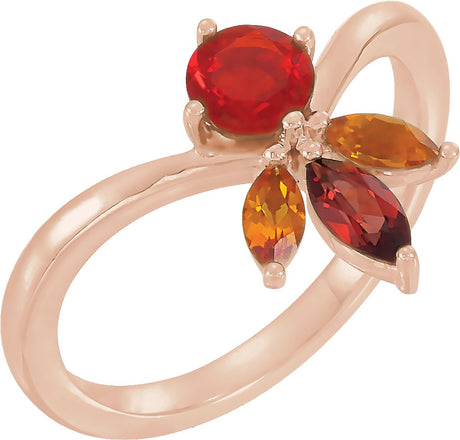 14K Gold Round Natural Mexican Fire Opal & Natural Mozambique Garnet & Natural Citrine Multi-Shape Ring - Rose Gold