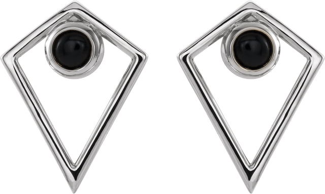 14K Gold Round Natural Black Onyx Cabochon Pyramid Earrings - White Gold - view 2