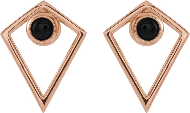 14K Gold Round Natural Black Onyx Cabochon Pyramid Earrings - Rose Gold - view 2