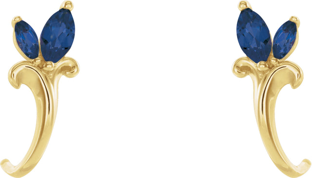 14K Gold Marquise Natural Blue Sapphire Floral J-Hoop Earrings - Yellow Gold - view 2
