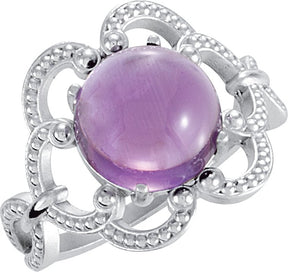 14K Gold Round Natural Amethyst Cabochon Ring