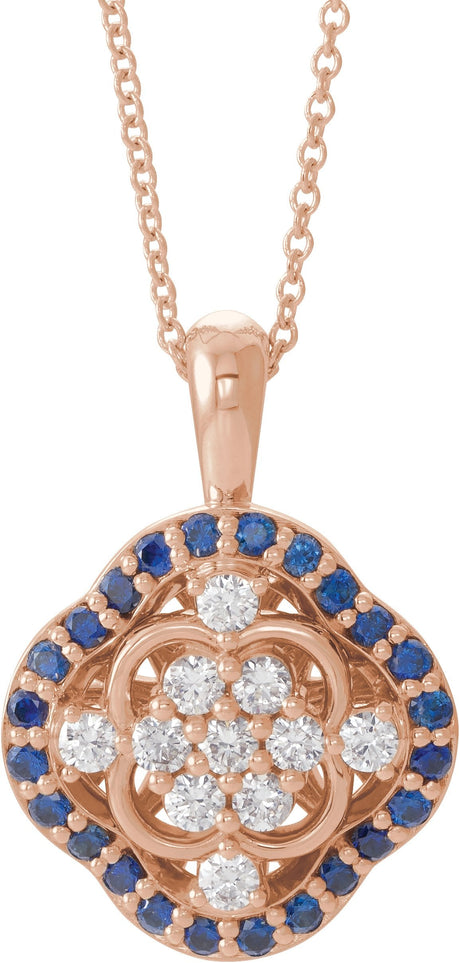 14K Gold Round Natural Blue Sapphire & Natural Diamond Halo-Style Cluster Necklace or Pendant – 1/3 CTW · 2mm - Rose Gold