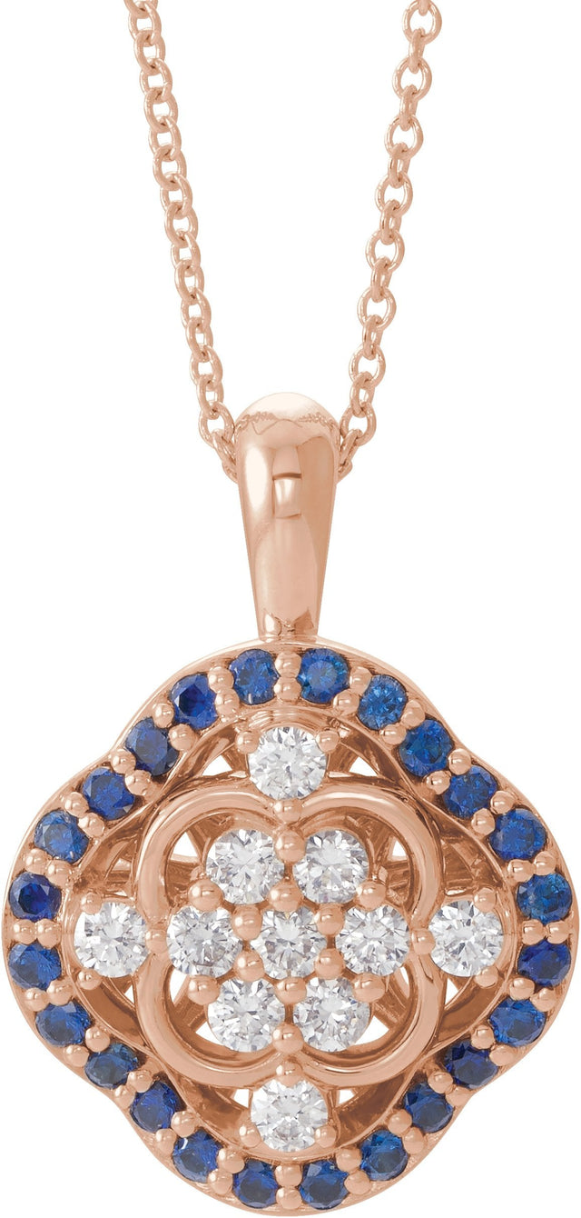 14K Gold Round Natural Blue Sapphire & Natural Diamond Halo-Style Cluster Necklace or Pendant – 1/3 CTW · 2mm - Rose Gold