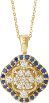 14K Gold Round Natural Blue Sapphire & Natural Diamond Halo-Style Cluster Necklace or Pendant – 1/3 CTW · 2mm - Yellow Gold