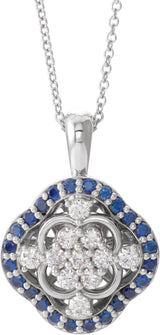 Platinum Round Natural Blue Sapphire & Natural Diamond Halo-Style Cluster Necklace or Pendant – 1/3 CTW