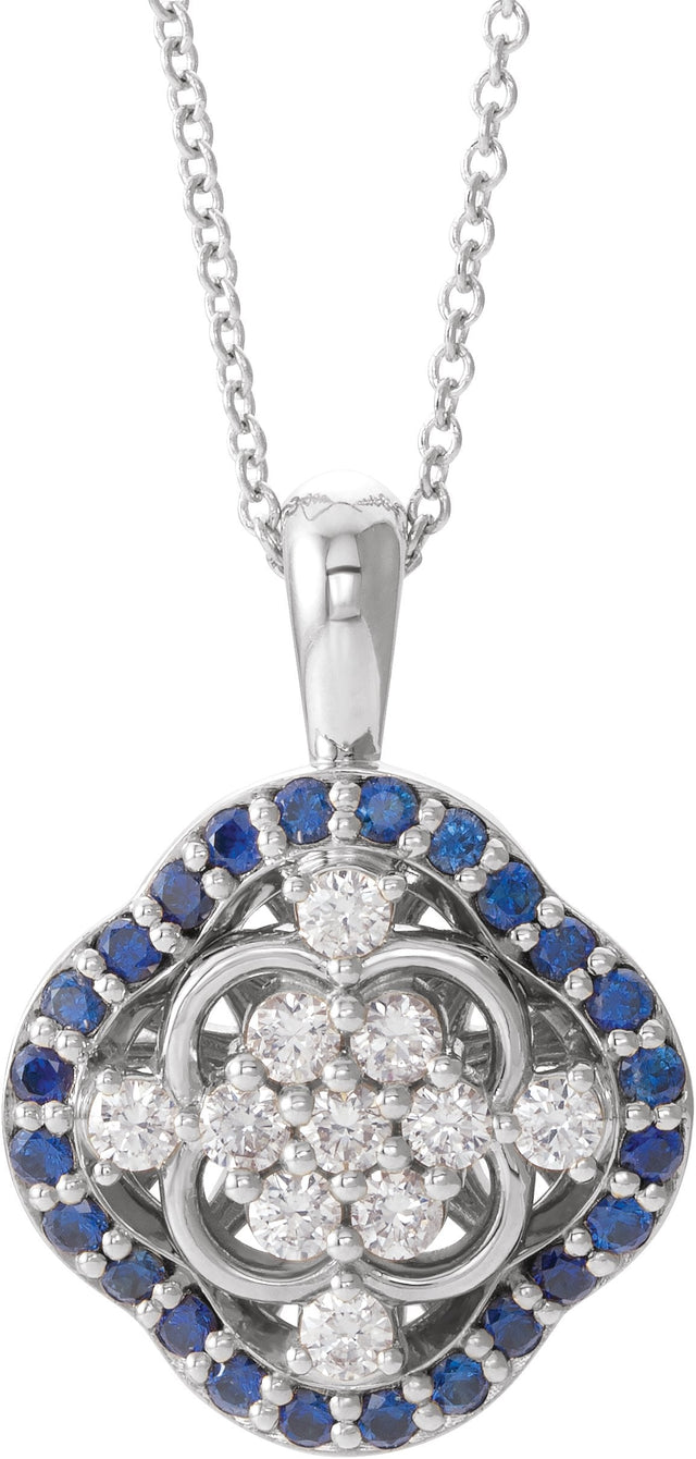 14K Gold Round Natural Blue Sapphire & Natural Diamond Halo-Style Cluster Necklace or Pendant – 1/3 CTW · 2mm - White Gold