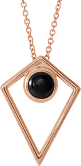 14K Gold Round Natural Black Onyx Cabochon Pyramid Necklace or Pendant - Rose Gold