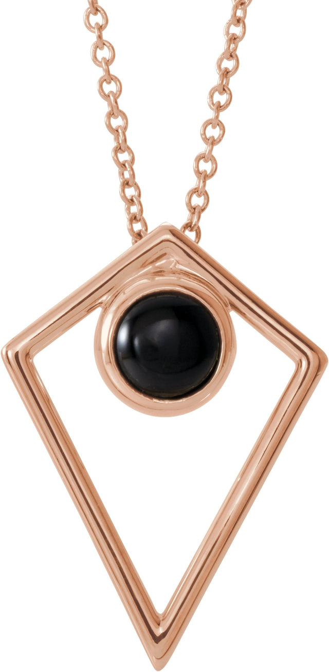 14K Gold Round Natural Black Onyx Cabochon Pyramid Necklace or Pendant - Rose Gold