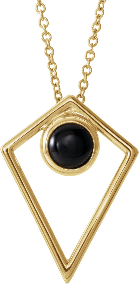 14K Gold Round Natural Black Onyx Cabochon Pyramid Necklace or Pendant - Yellow Gold