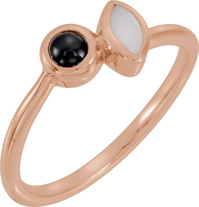 14K Gold Round Natural White Opal & Natural Black Onyx Two-Stone Bezel-Set Ring - Rose Gold