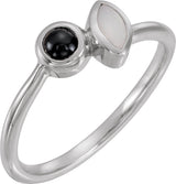 14K Gold Round Natural White Opal & Natural Black Onyx Two-Stone Bezel-Set Ring - White Gold