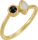 14K Gold Round Natural White Opal & Natural Black Onyx Two-Stone Bezel-Set Ring - Yellow Gold