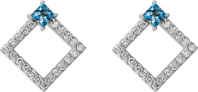 14K Gold Square Natural Aquamarine Accented Geometric Earrings - White Gold - view 5