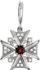 14K Gold Round Natural Mozambique Garnet & Natural Diamond Vintage-Inspired Cross Pendant – 28.6x16.4mm - White Gold
