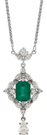 Platinum Emerald Natural Emerald & Natural Diamond Halo-Style Necklace