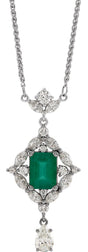 Platinum Emerald Natural Emerald & Natural Diamond Halo-Style Necklace