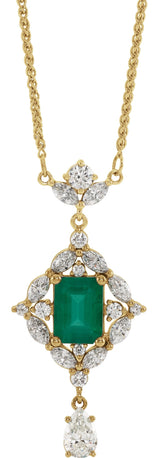 14K Gold Emerald Natural Emerald & Natural Diamond Halo-Style Necklace - Yellow Gold