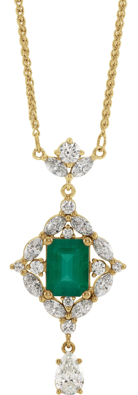 14K Gold Emerald Natural Emerald & Natural Diamond Halo-Style Necklace - Yellow Gold