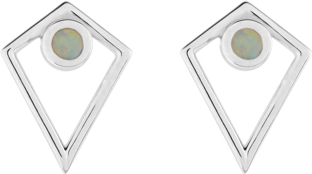 14K Gold Round Natural Opal Cabochon Pyramid Earrings - White Gold - view 2
