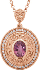 14K Gold Oval Natural Pink Tourmaline & Natural Diamond Sculptural Necklace