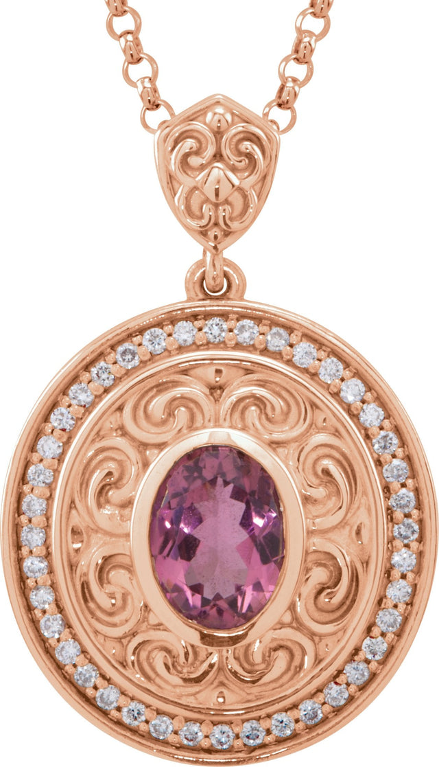 14K Gold Oval Natural Pink Tourmaline & Natural Diamond Sculptural Necklace