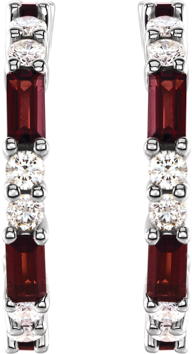 14K Gold Straight Baguette Natural Mozambique Garnet Accented Hoop Earrings - White Gold - view 4